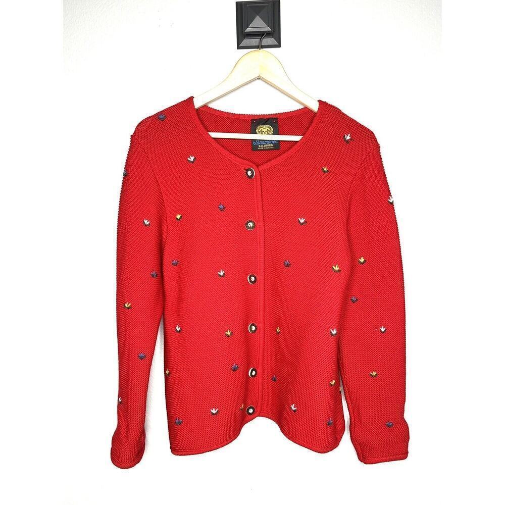 Lanamoden Salzburg Red Floral Embroidery Wool Chunky Knit Cardigan Sweater